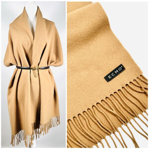 Echo Womans Scarf Wrap Camel Tan 100% Lambswool Fringe Wrap Scarf One Size
